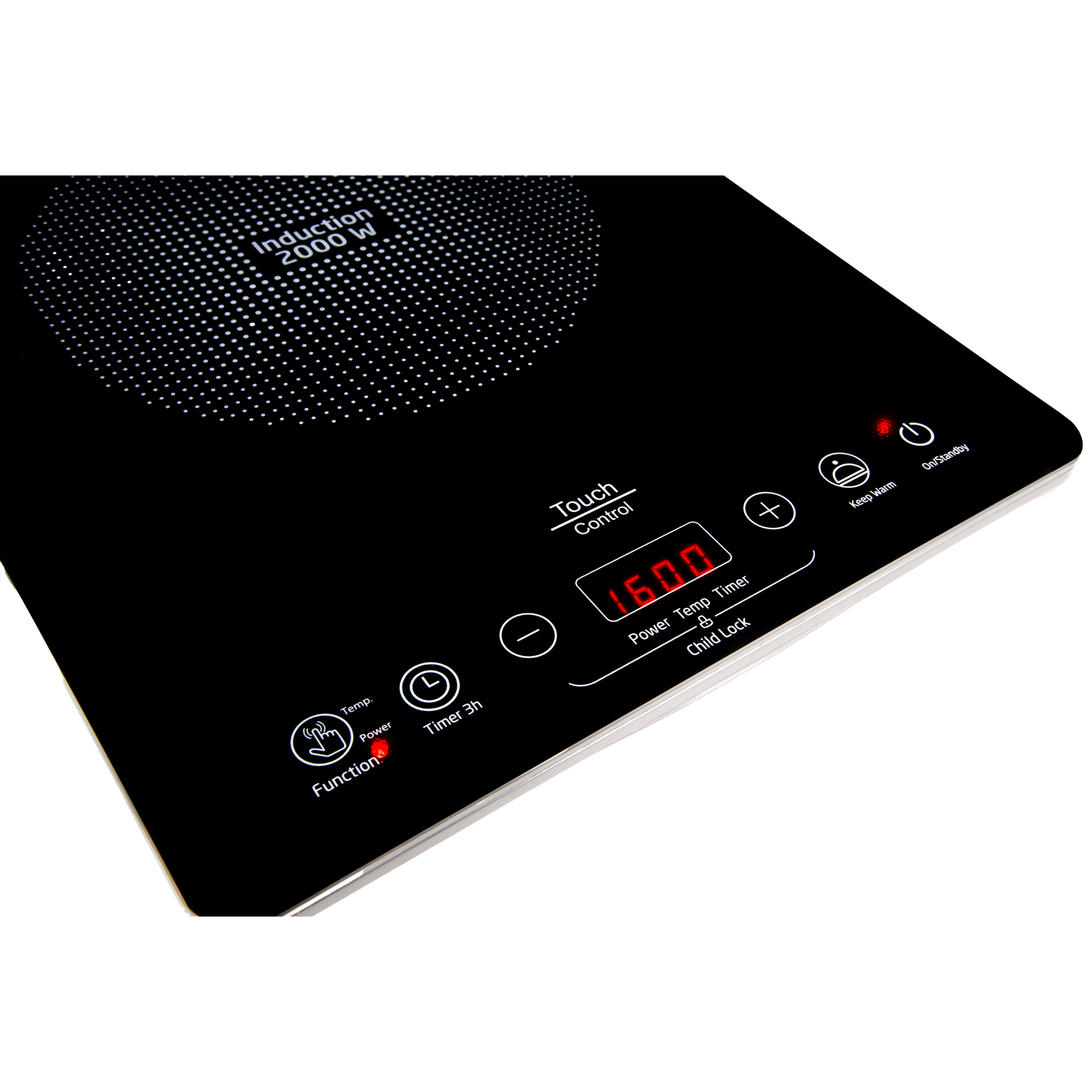 Black induction cooktop with touch controls, displaying 1600. Includes power, timer, and child lock options, with a white background.