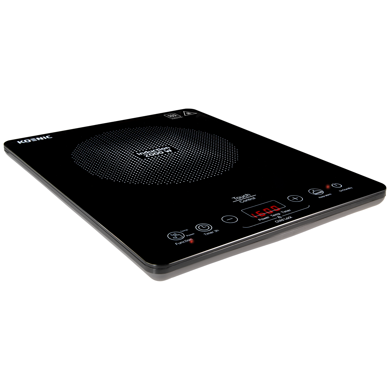 A black induction cooktop with touch controls, a digital display showing '1500', and the brand name 'KOENIC'.