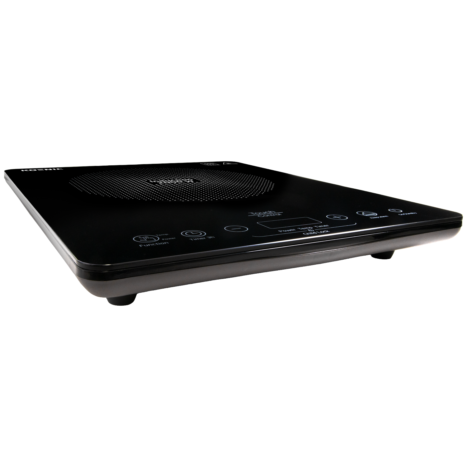 A black Kosnic induction cooktop with touch controls. It has a glass surface, control panel, and is elevated on small feet.