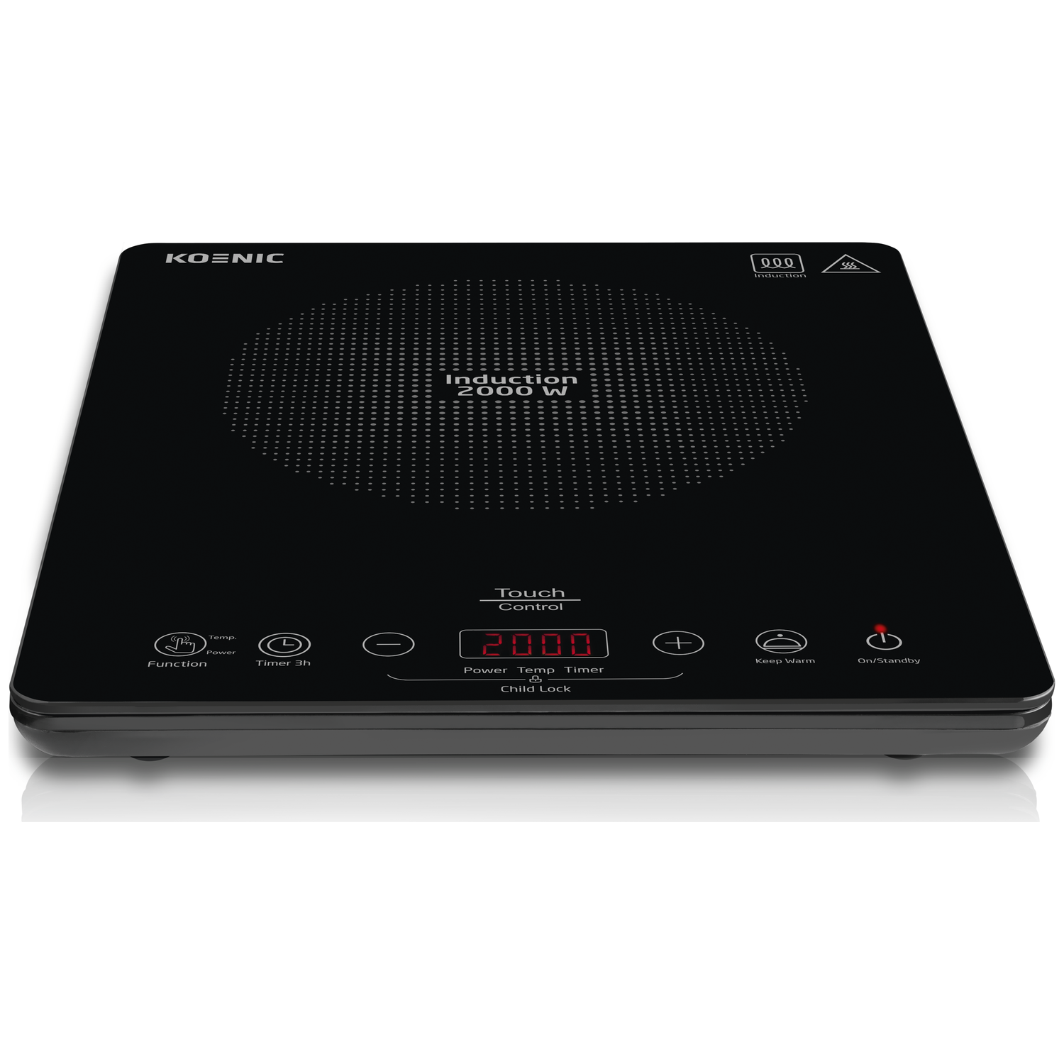 Black Koenic induction cooktop. Features touch controls, digital display, and various function icons.  2000W output.