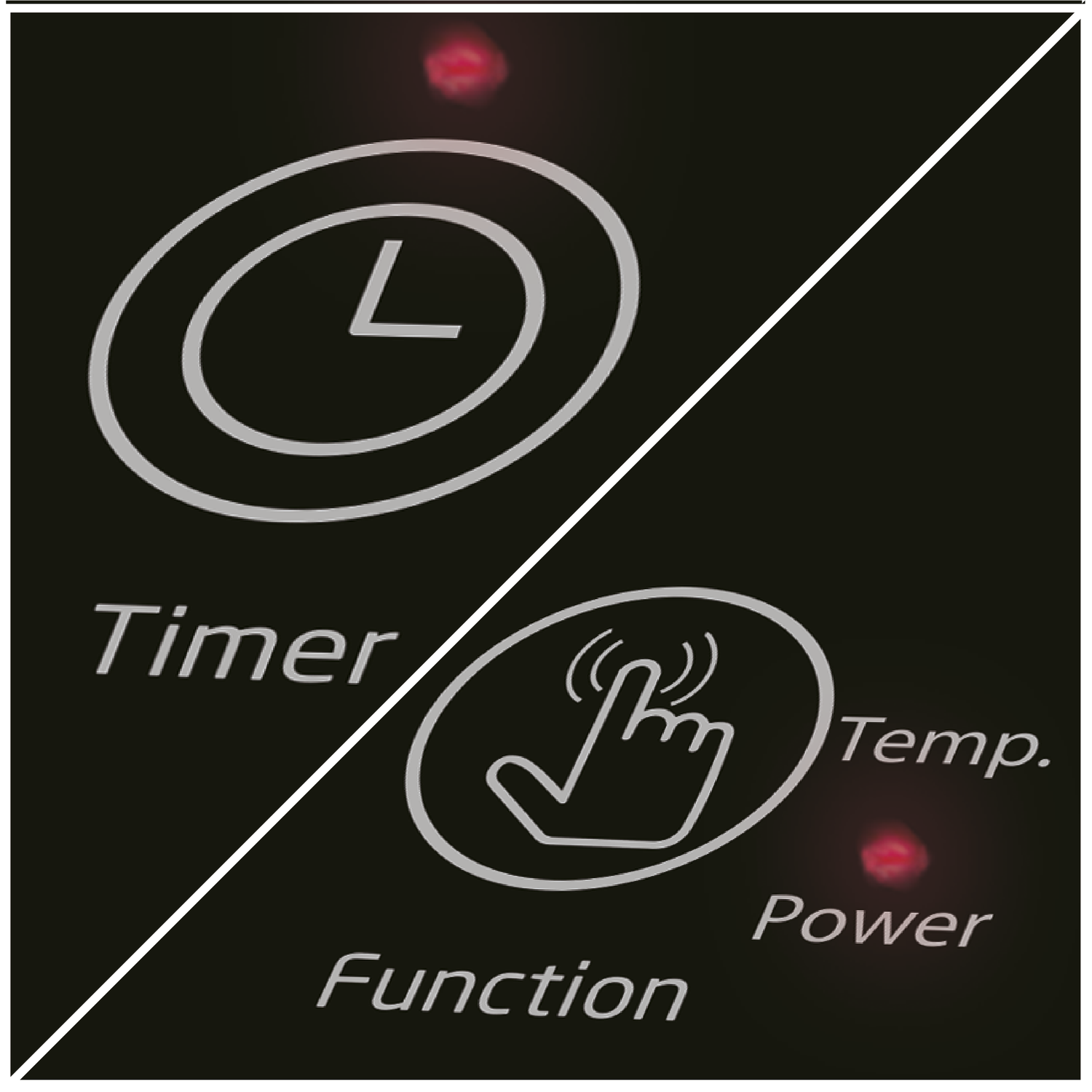 Black panel with timer and touch function icons. Red power indicator. Text labels include Timer, Function, Temp, and Power.