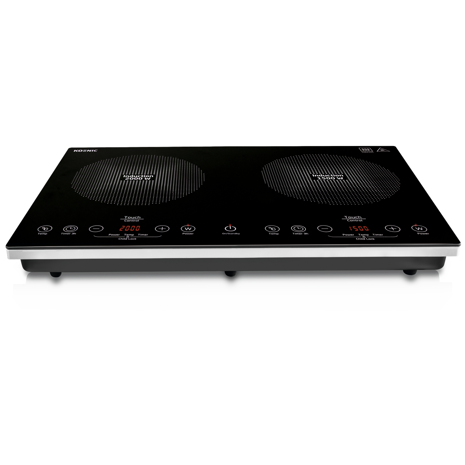 A black induction cooktop with two burners, touch controls, and a digital display. It has a metallic trim and is on a white surface.