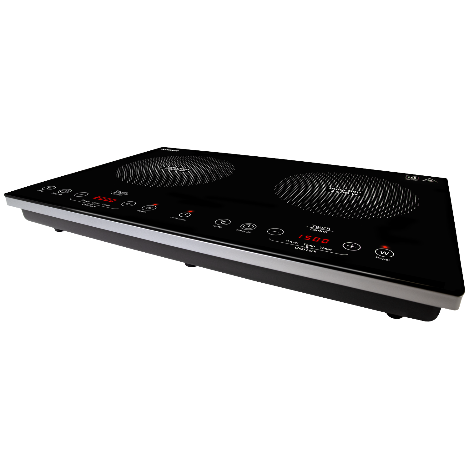 A black induction cooktop with two burners and touch controls. Displays show power levels and timer. Buttons for various functions are visible.