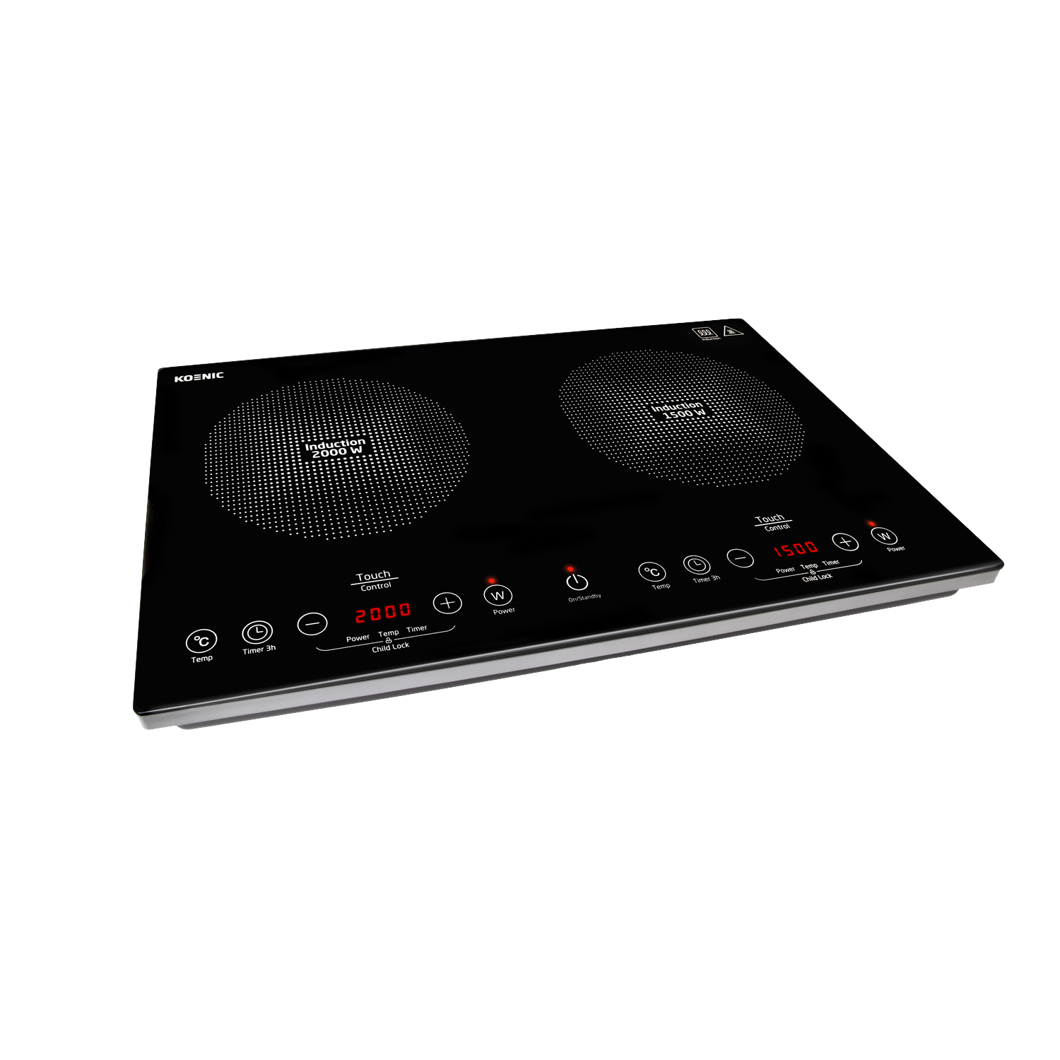 A black induction cooktop with two burners and a touch control panel. It has digital displays and various function buttons.