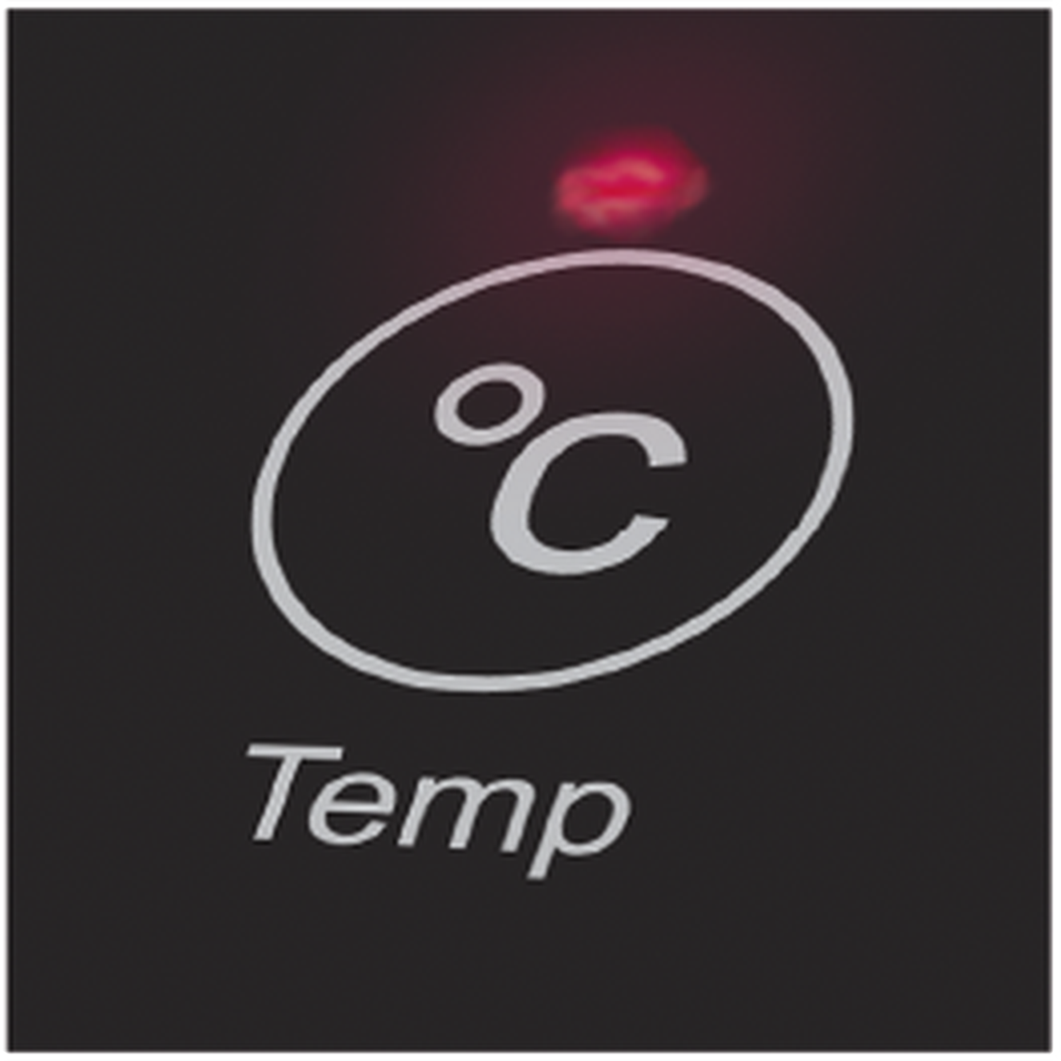 Black background with a white circle containing a '°C' symbol. Below, 'Temp' is written in white. A red light is visible above.