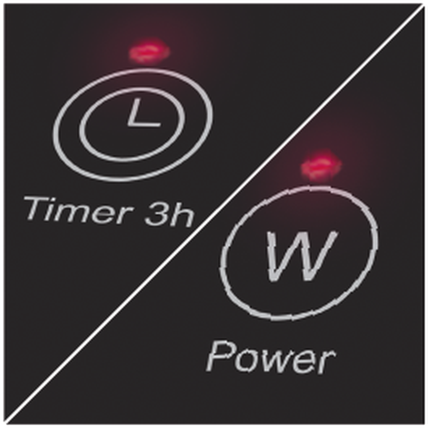 Black panel with timer and power indicators. Red lights illuminate above the icons. Timer reads 3h. Power has a 'W' symbol.
