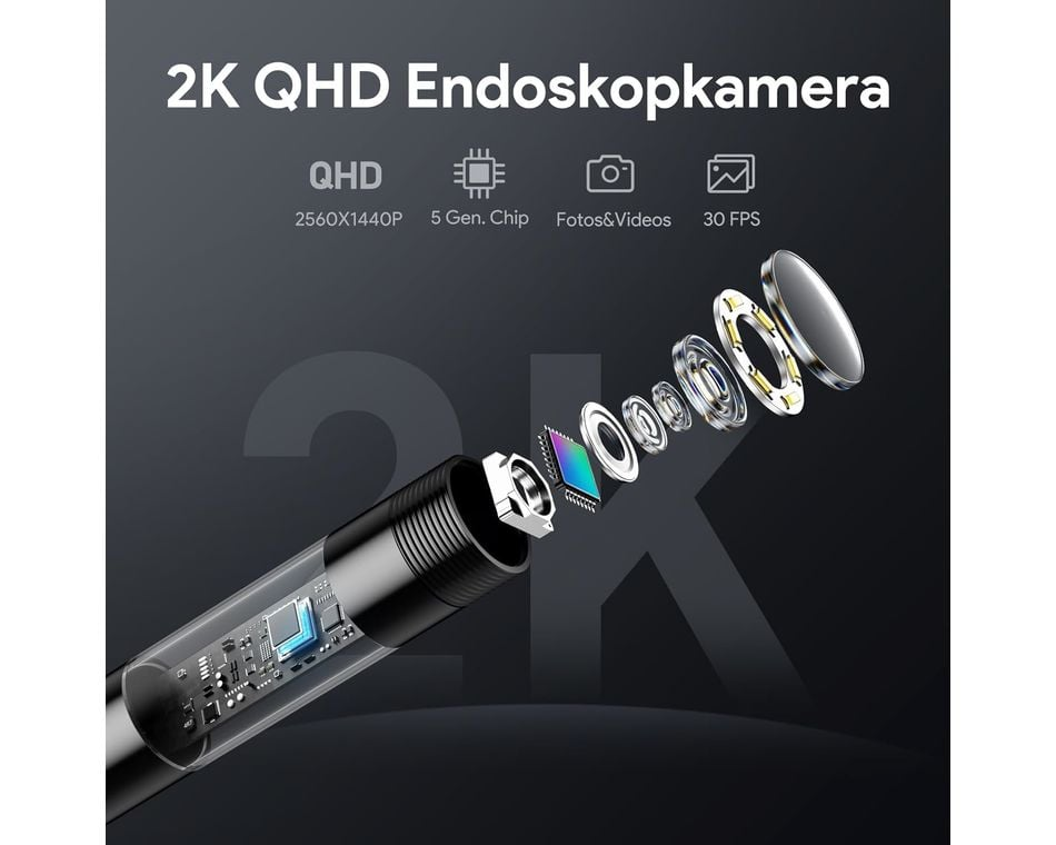 2K QHD felbontású endoszkóp kamera. A kép a kamera belső alkatrészeit és funkcióit mutatja, beleértve a videó- és fotókészítést.