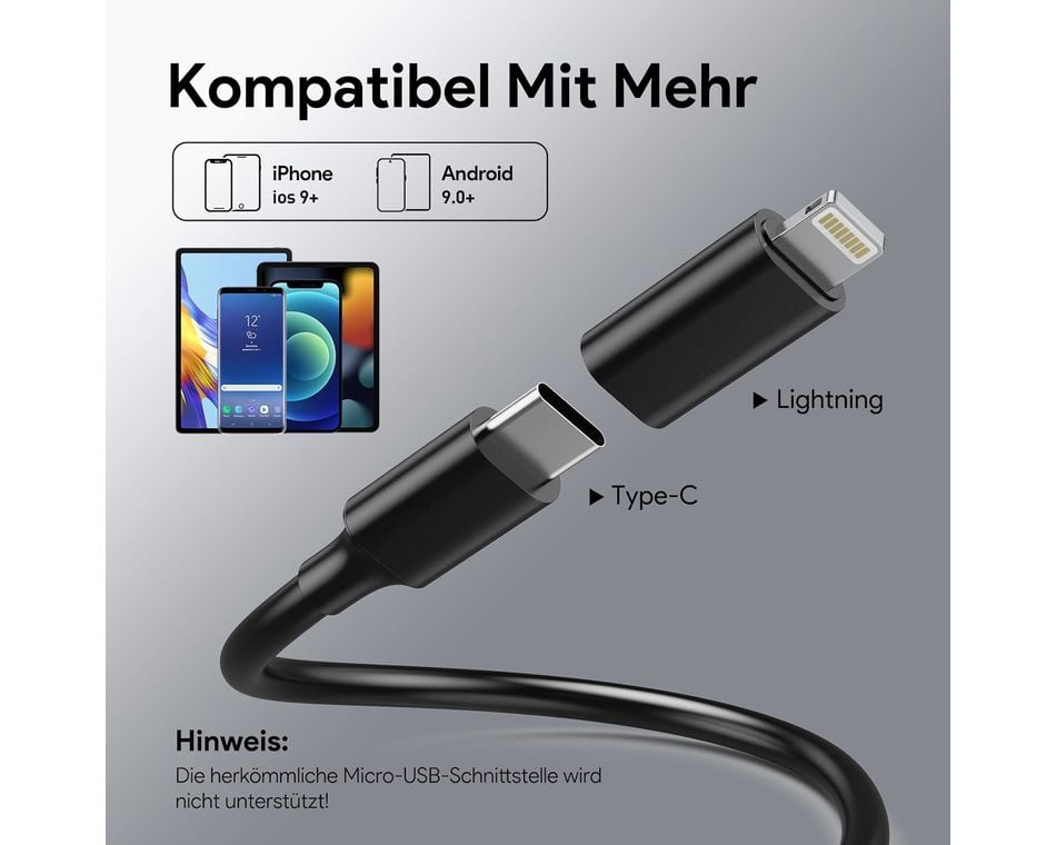 Fekete USB kábel Lightning és Type-C csatlakozókkal. Szöveg iPhone és Android kompatibilitást mutat. A készülékek a háttérben láthatók.