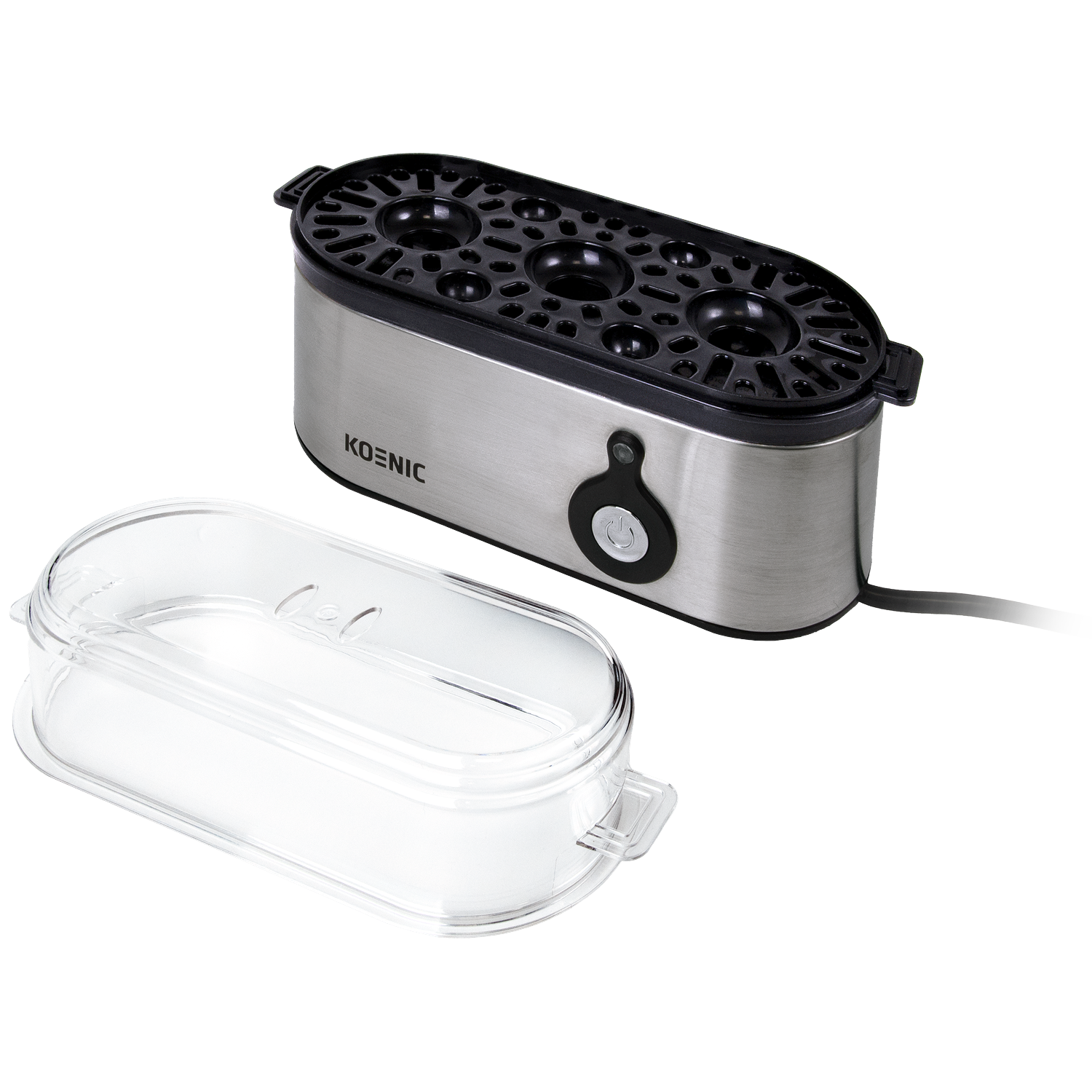 An egg cooker with a stainless steel body and black top. A clear plastic lid is next to it. A power cord is attached.