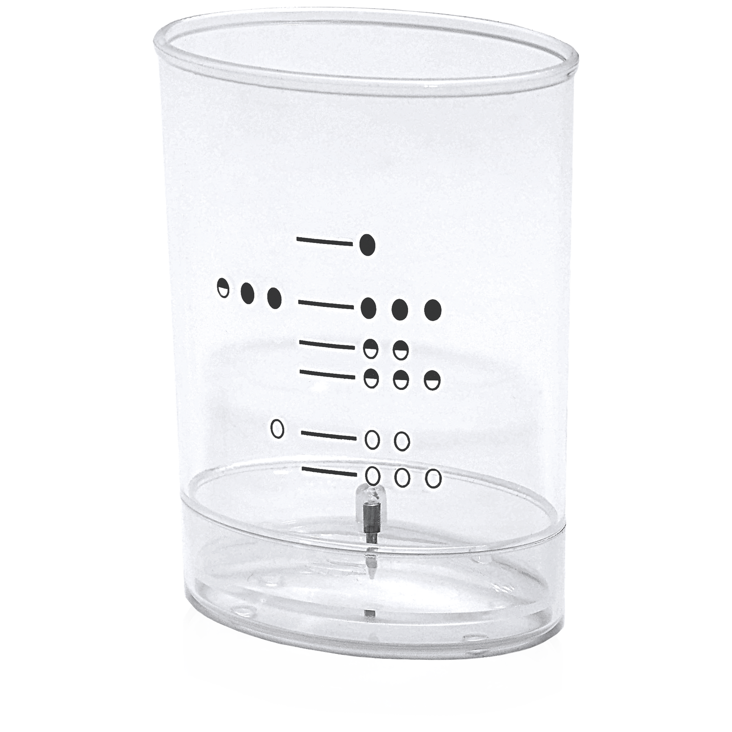 A clear plastic measuring cup. It has black markings for measurement and a small metal piece at the bottom. The cup is empty.