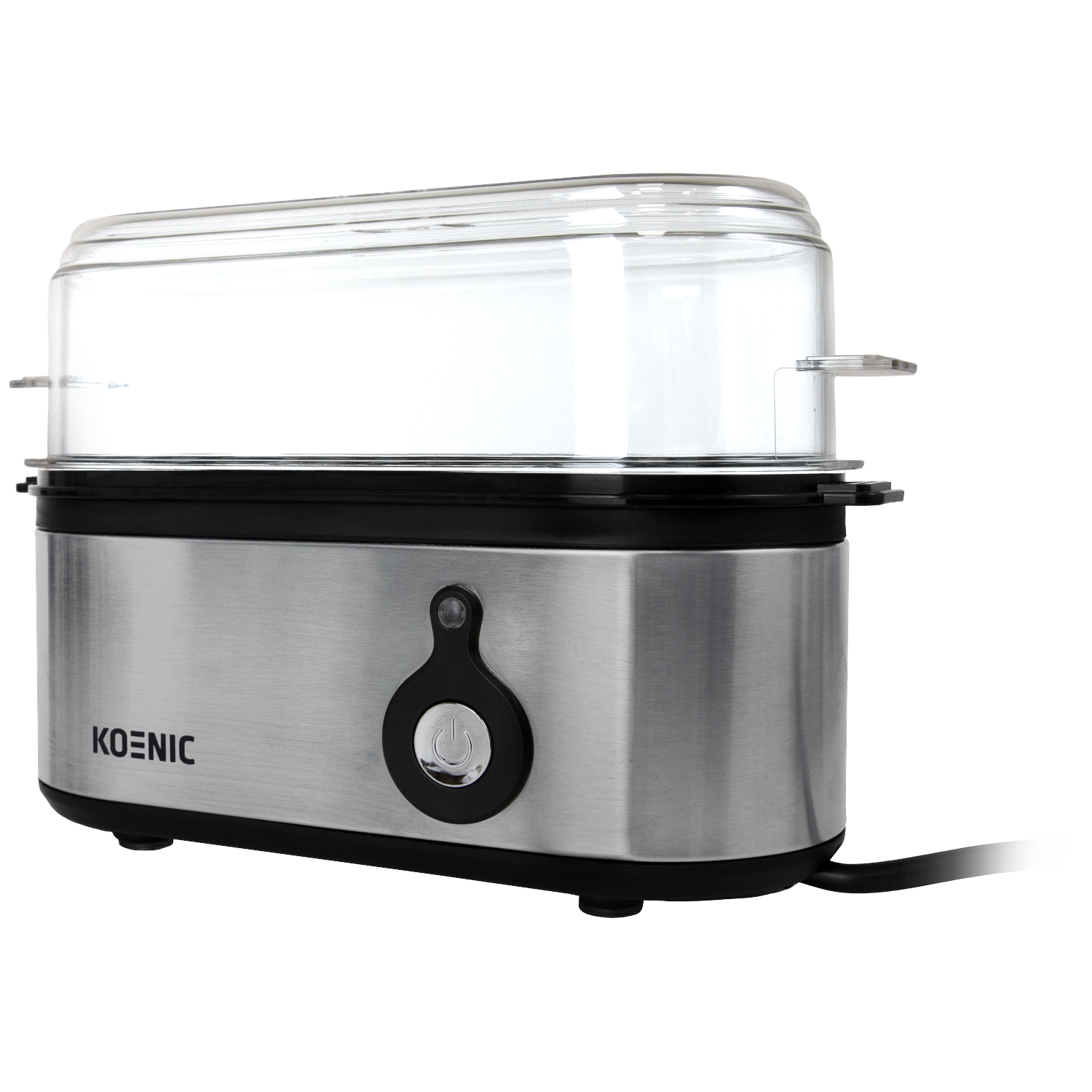 Silver and black electric food steamer. It has a clear lid, a power button, and the brand name 'KOENIC'.