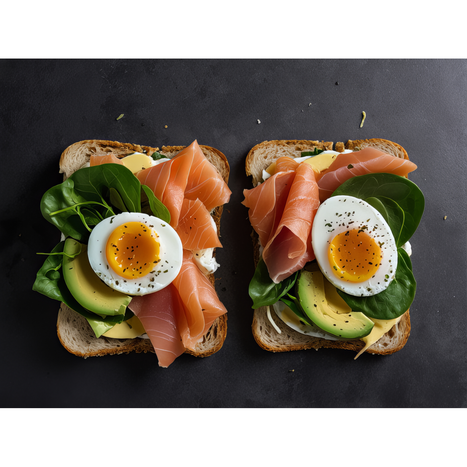 Two open-faced sandwiches with salmon, eggs, avocado, and spinach on a dark surface. The eggs are topped with black pepper.