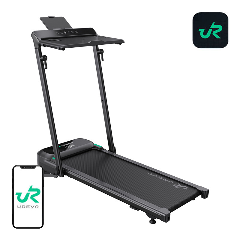 Fekete UREVO futópad. Logók és egy telefon láthatók egy alkalmazással. A futópad kijelzővel és laptop tálcával rendelkezik.