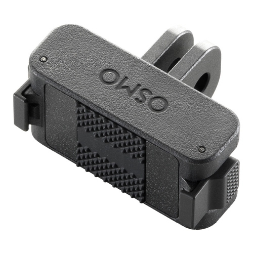 Czarny uchwyt do kamery Osmo na białym tle. Ma teksturowaną powierzchnię z logo Osmo i dwa punkty montażowe.