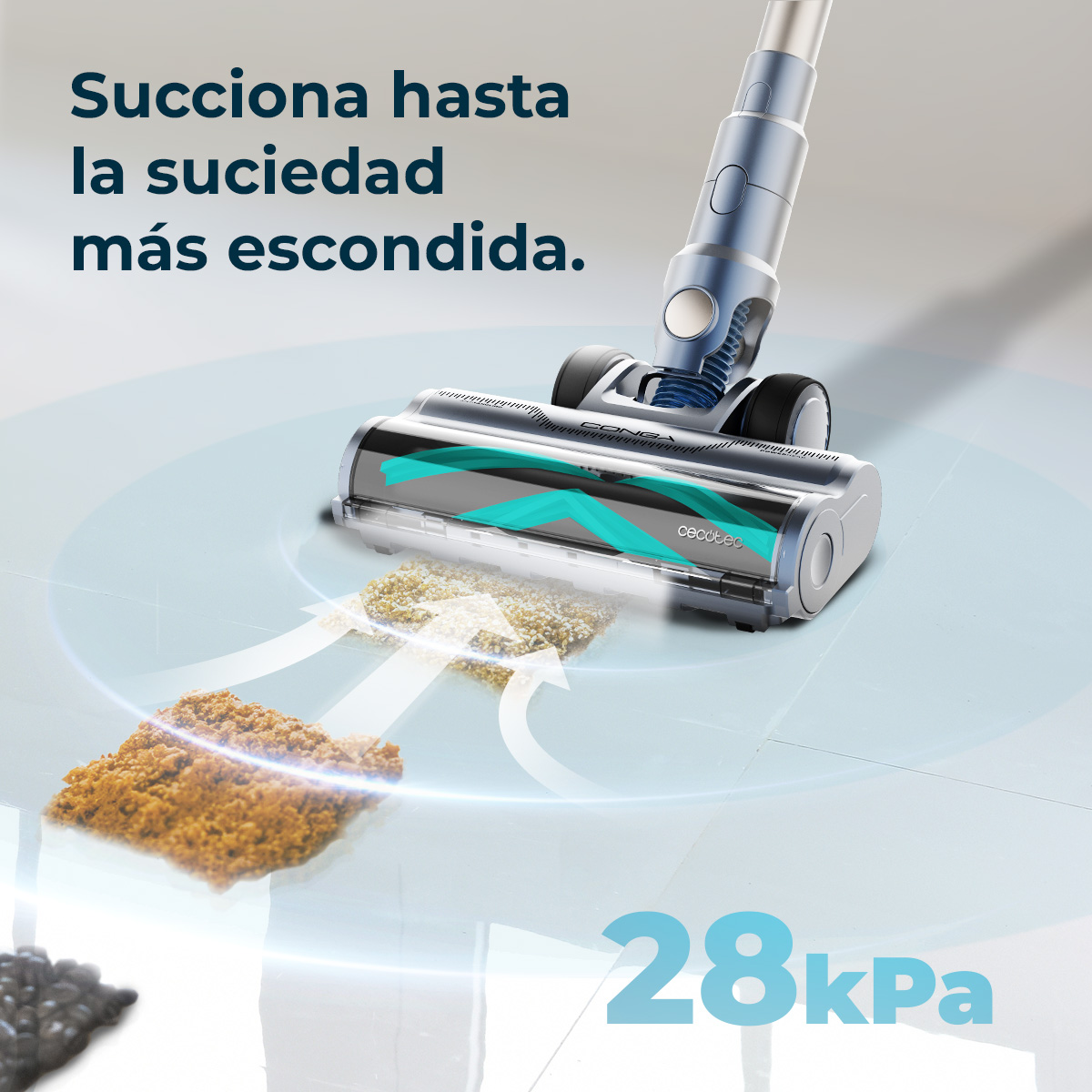Una aspiradora limpiando la suciedad en el suelo. El texto dice: Succiona hasta la suciedad más escondida. Se muestra 28kPa.