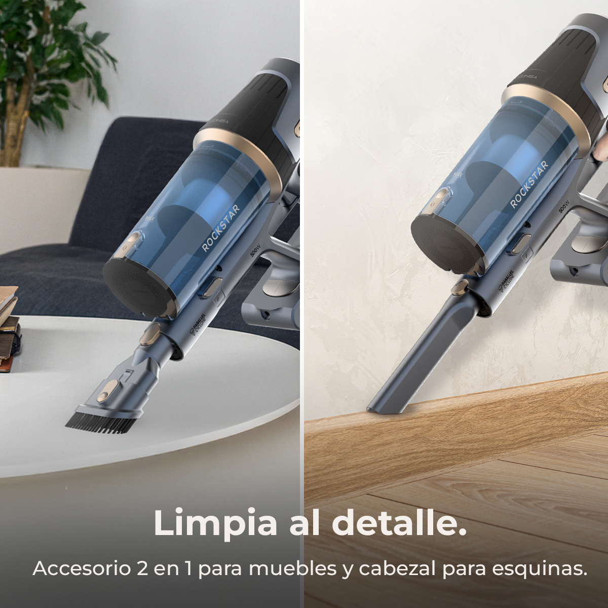Una aspiradora ROCKSTAR gris y negra se muestra, con un depósito de polvo azul y un cabezal de limpieza. La aspiradora está sobre blanco y madera.