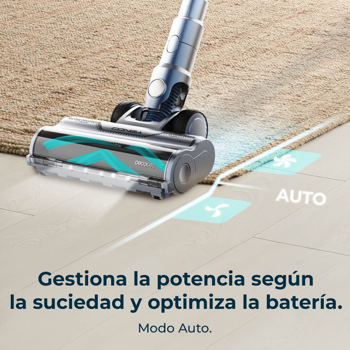 Una aspiradora inalámbrica sobre una alfombra. El texto dice que gestiona la potencia según la suciedad y optimiza la batería en modo automático.