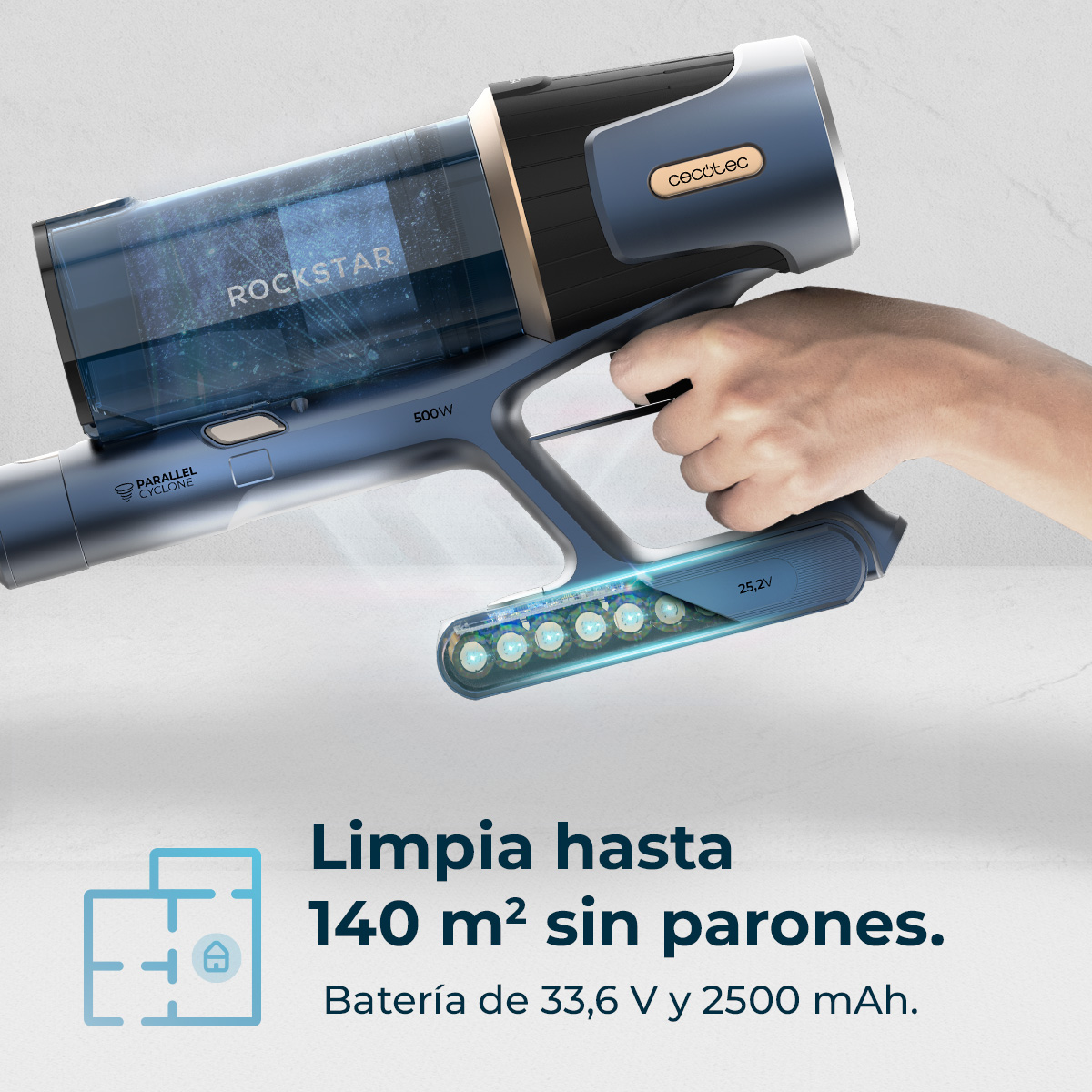 Una mano sostiene una aspiradora inalámbrica azul y negra. El texto dice 'ROCKSTAR', '500W' y '25,2V'. Debajo texto en español.