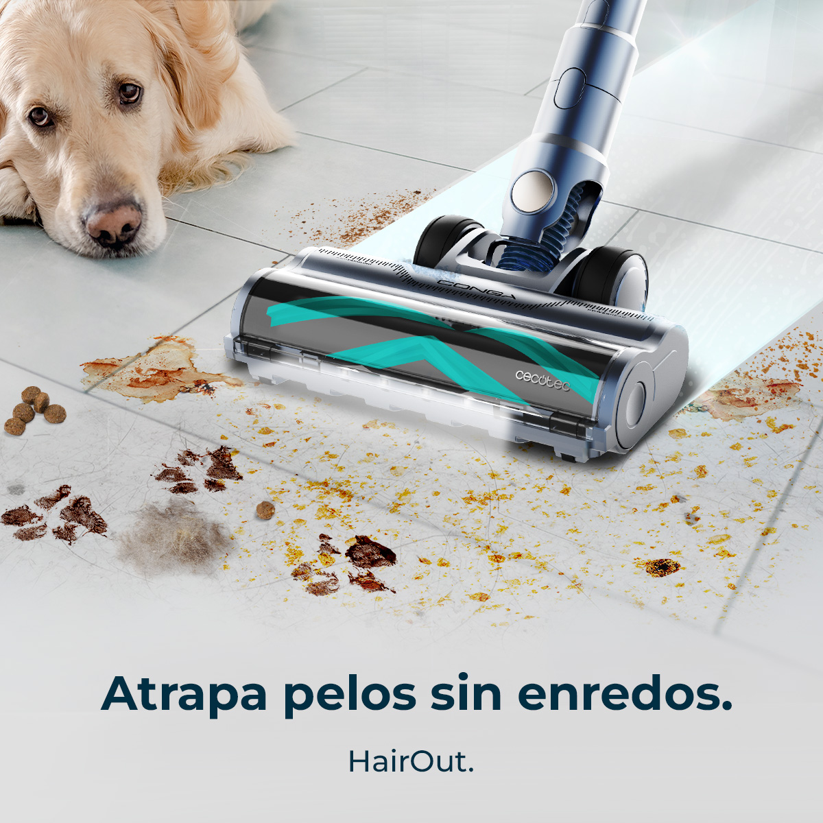 Un golden retriever está cerca de una aspiradora que limpia el desorden de mascotas en un piso embaldosado. El texto dice 'HairOut' y 'Atrapa pelos sin enredos'.