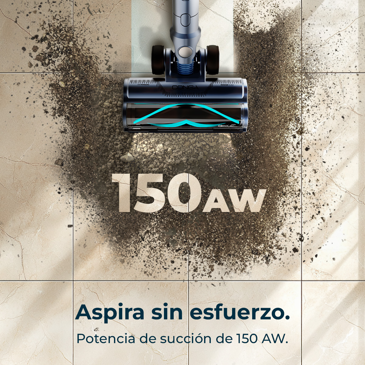 Una aspiradora limpia suciedad en baldosas. El texto dice 150AW y 'Aspirar sin esfuerzo' en español.