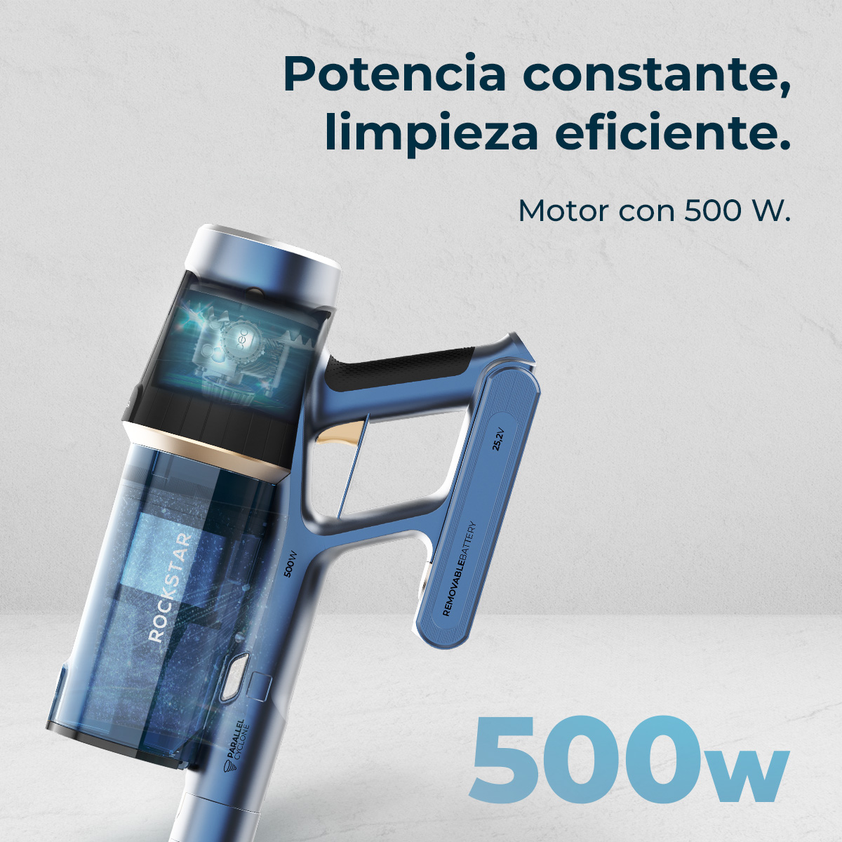 Una aspiradora inalámbrica azul y plateada. El texto dice: Potencia constante, limpieza eficiente. Motor de 500W.