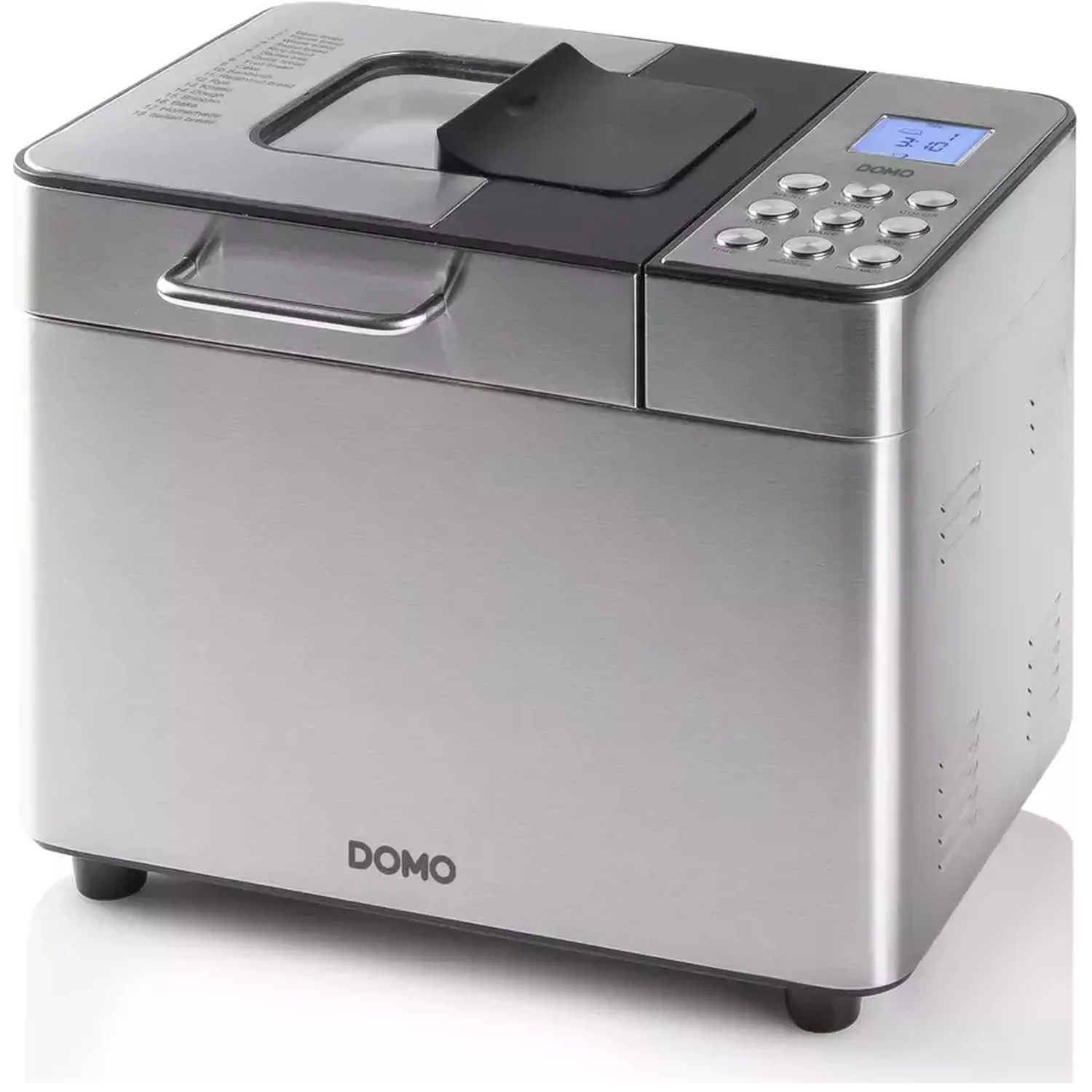 Een zilveren broodbakmachine met een zwarte bovenkant en bedieningspaneel. Hij heeft een digitaal display en knoppen. Het merk DOMO is zichtbaar.