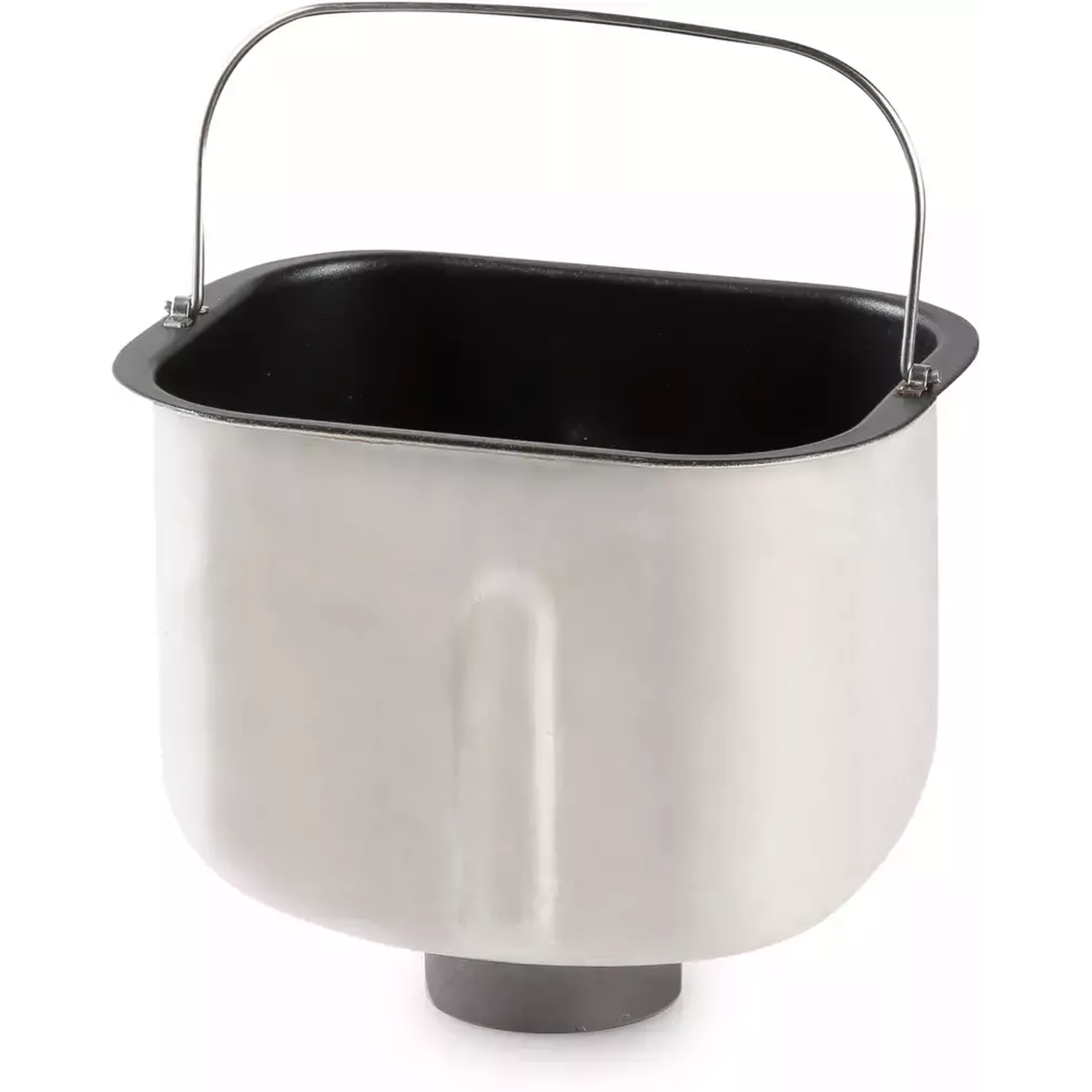 Een broodmachinepan met een zwart interieur en een zilveren handvat. De pan is lichtgrijs met een donkergrijze basis.