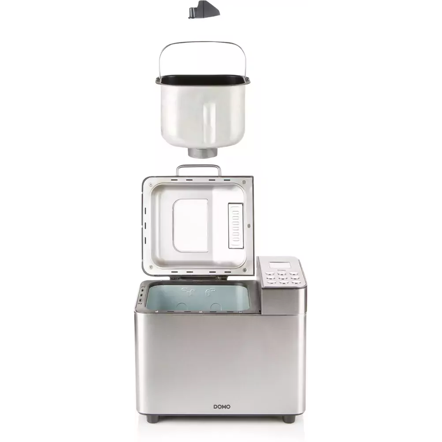 Een ontplofte weergave van een zilveren broodbakmachine. Bevat een uitneembare broodpan, deksel en bedieningspaneel.