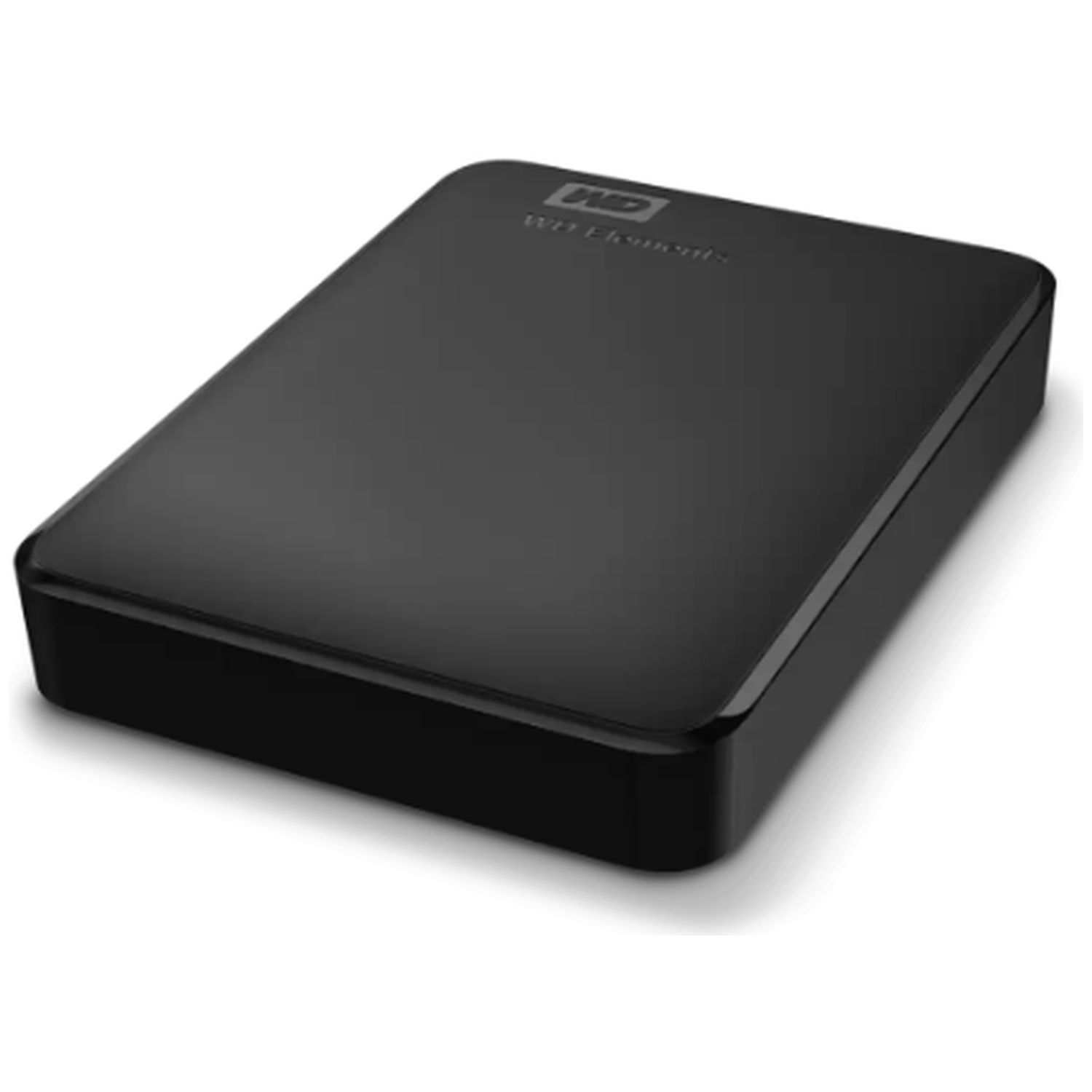 A black external hard drive with rounded edges and the WD logo on top. It sits on a white background.