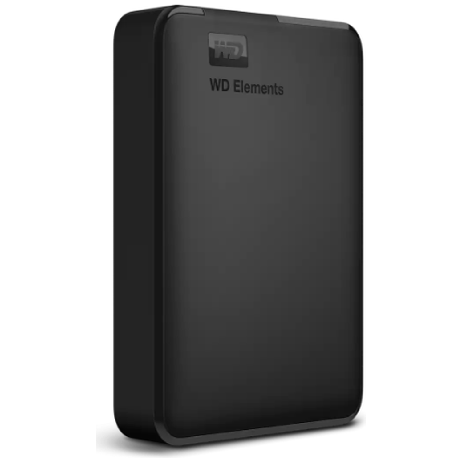 A black WD Elements external hard drive. It is rectangular with rounded corners. The WD logo and 'WD Elements' are visible.