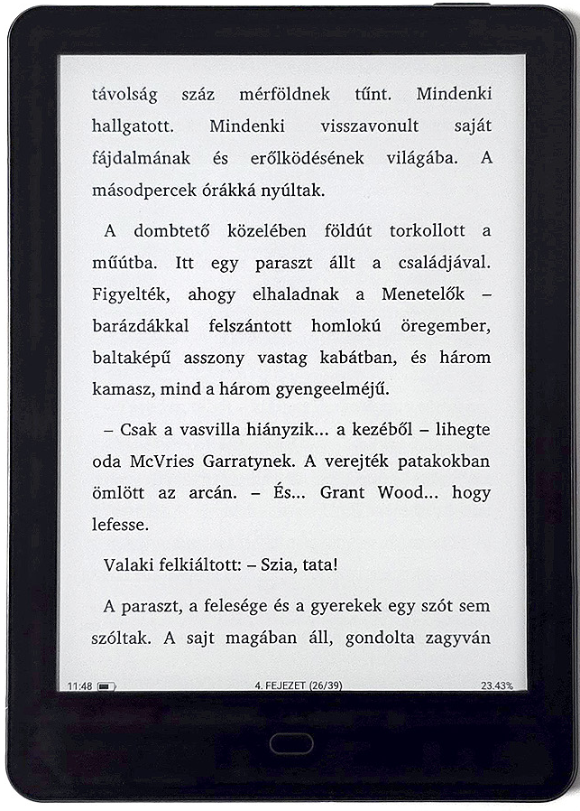 Egy e-olvasó szöveget jelenít meg, fekete keret. Szöveg magyarul. Az alja mutatja az időt, a fejezetet és az akkumulátort.