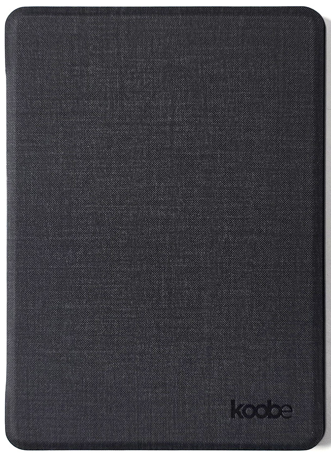 Egy fekete Kindle tok. A tok texturált felületű, a 'koobe' márkanévvel a jobb alsó sarokban.