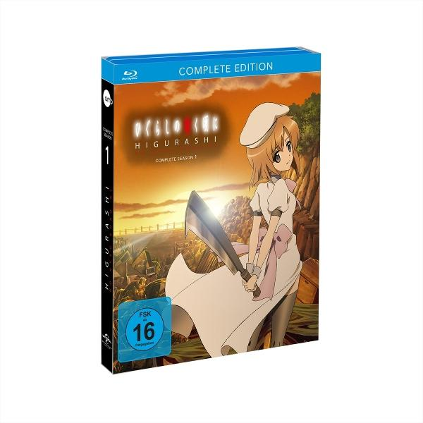 Anime-DVD-Cover. Ein Mädchen in Weiß hält ein großes Messer. Text: Higurashi Complete Edition. FSK 16-Aufkleber sichtbar.