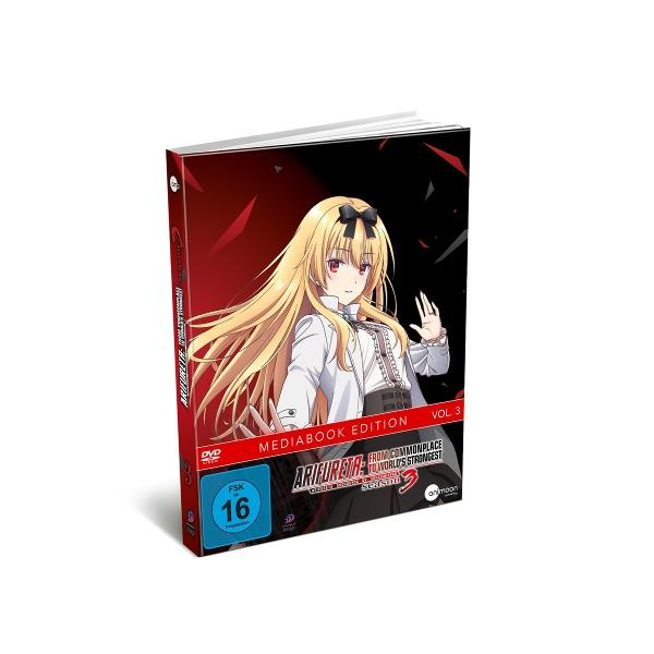DVD-Hülle von „Arifureta: From Commonplace to World's Strongest“. Zeigt ein blondes Anime-Mädchen, rotes und schwarzes Design, und die Nummer 16.