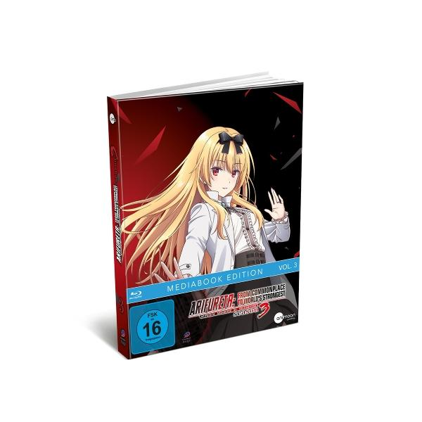 Anime Blu-ray-Box. Blonde Figur, weißes Hemd, schwarze Schleife. Text enthält "ARIFURETA", "MEDIA BOOK EDITION" und "VOL. 3".