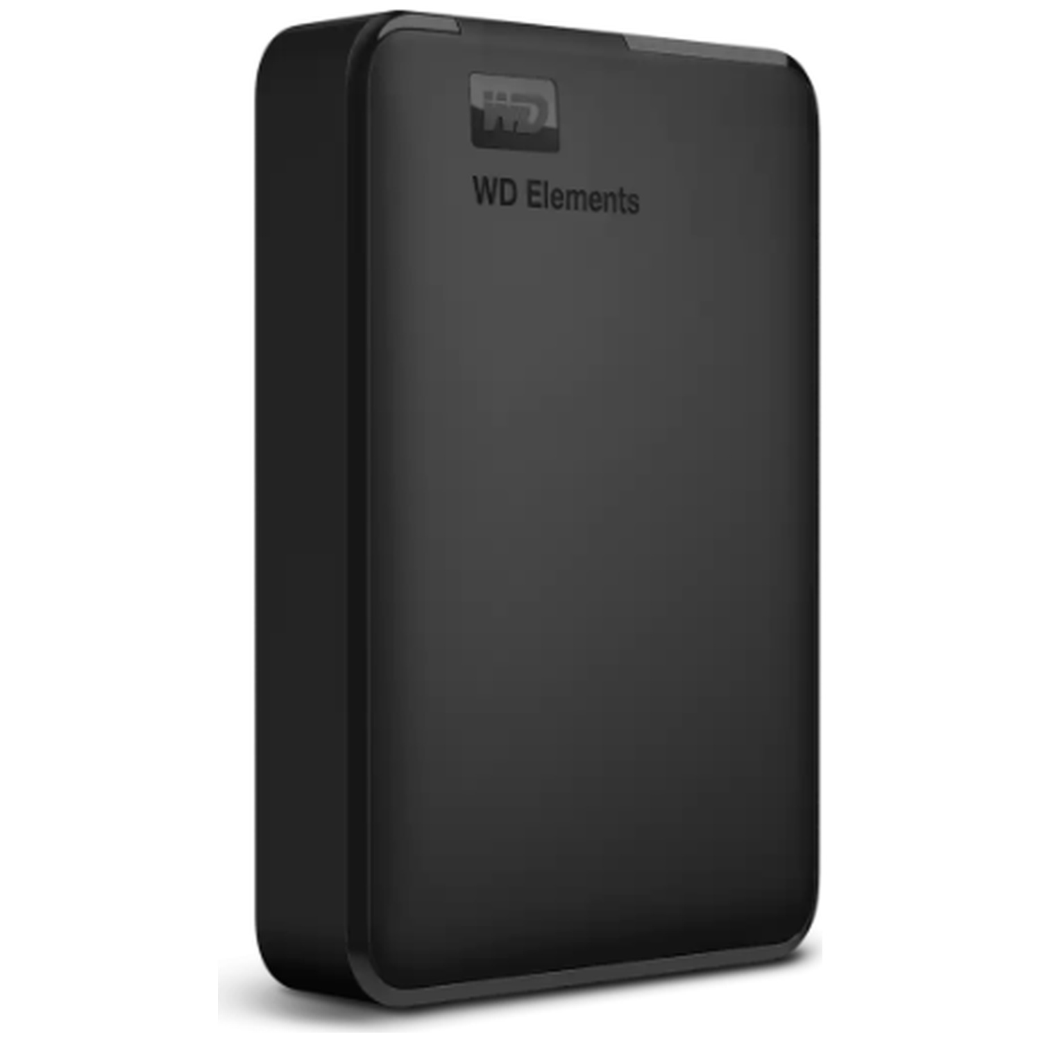 Un disque dur externe WD Elements noir est affiché, avec le logo et le texte 'WD Elements' visibles sur le devant.