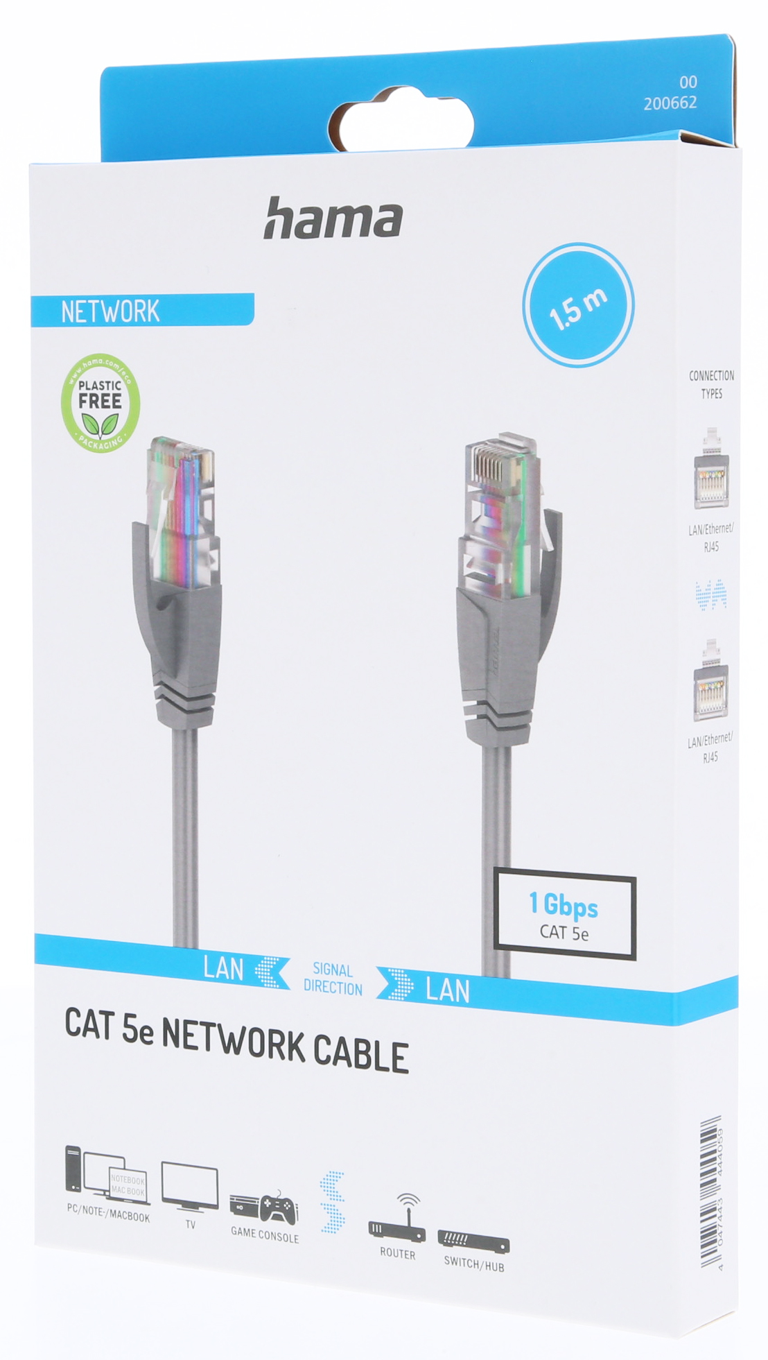 LAN kablosu, Hama logosu ve PC, TV, oyun konsolu, yönlendirici ve switch/hub simgeleri ile bir CAT 5e ağ kablosu kutusu.
