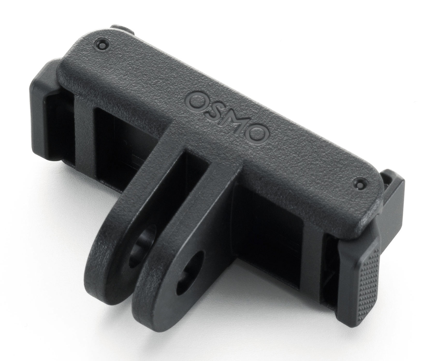 Czarny uchwyt do kamery Osmo na białej powierzchni. Ma wiele szczelin i otworów. Widoczne jest logo Osmo.