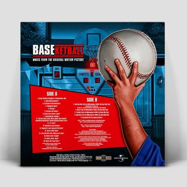 Albumcover für Baseketball. Eine Hand hält einen Baseball vor einem Basketballkorb. Roter und blauer Text listet Songs auf.