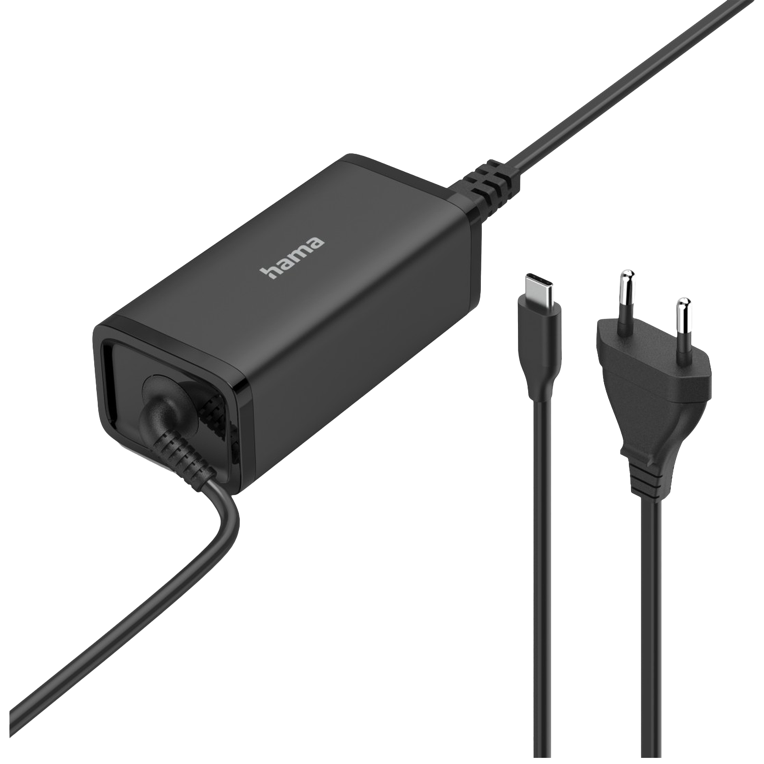 Adaptateur secteur Hama noir avec câble, câble USB-C et prise sur fond blanc.