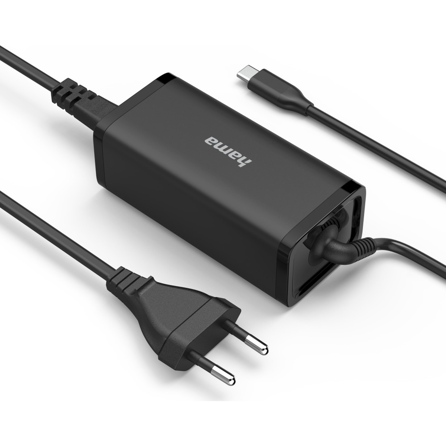 Chargeur Hama noir avec trois câbles : prise secteur, USB-C et connecté à l'unité principale. Fond blanc.