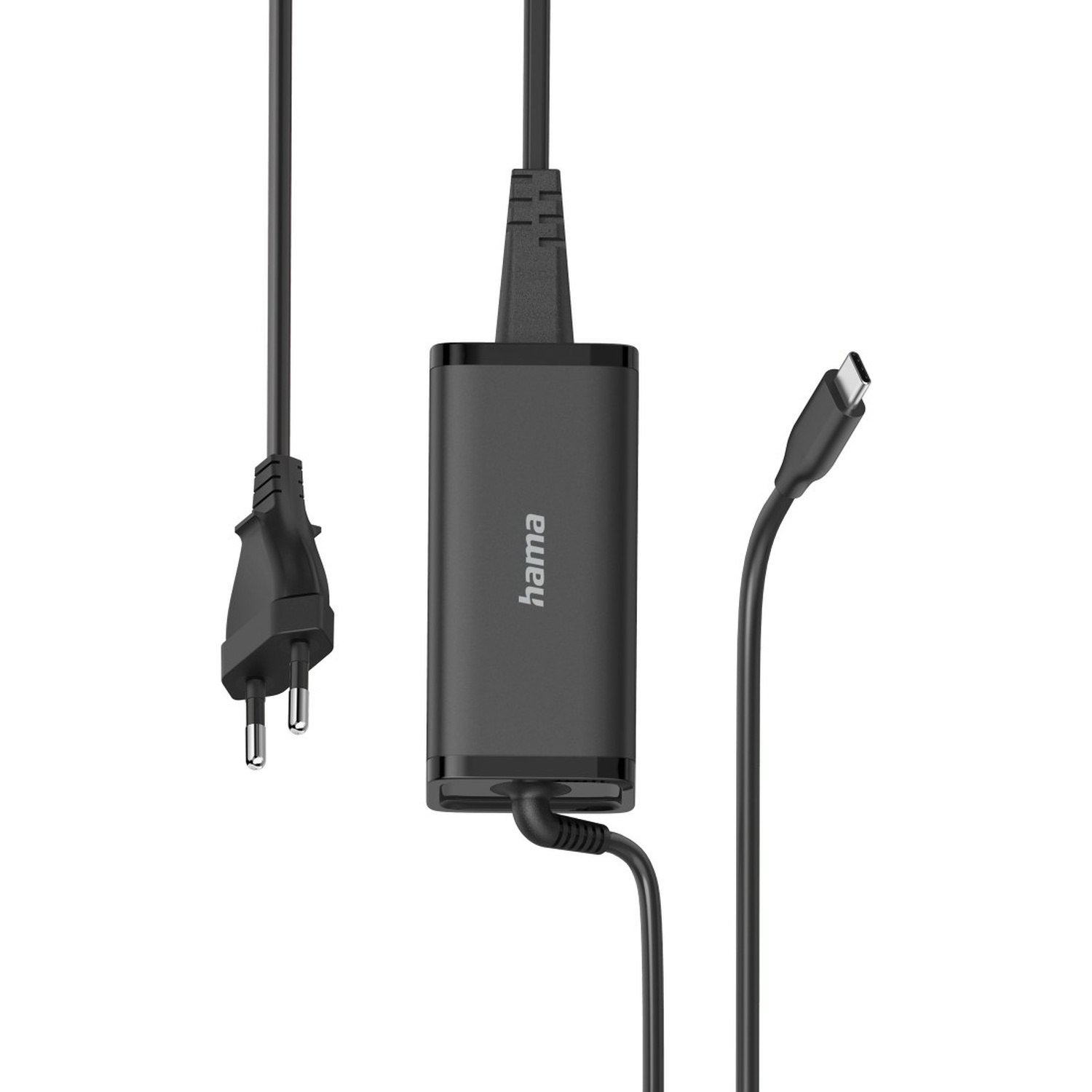 Chargeur Hama noir avec trois câbles : une prise d'alimentation, un câble USB-C et un câble connecté au chargeur. Fond blanc.