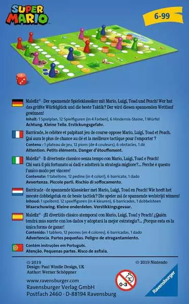 Un jeu de société Super Mario. Plateau de jeu vert avec des pièces de jeu. Un dé rouge et une étiquette jaune 6-99.