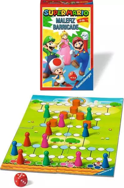 Jeu de société Super Mario avec pions et dé. La boîte montre les personnages de Mario. Le plateau est vert.