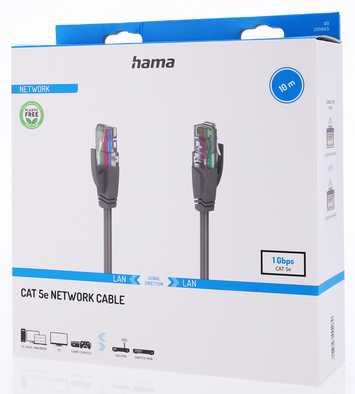 Ağ kablosu olan beyaz kutu. Kutu üzerinde 'hama' logosu ve ürün detayları: CAT 5e ağ kablosu, 10m ve 1 Gbps.