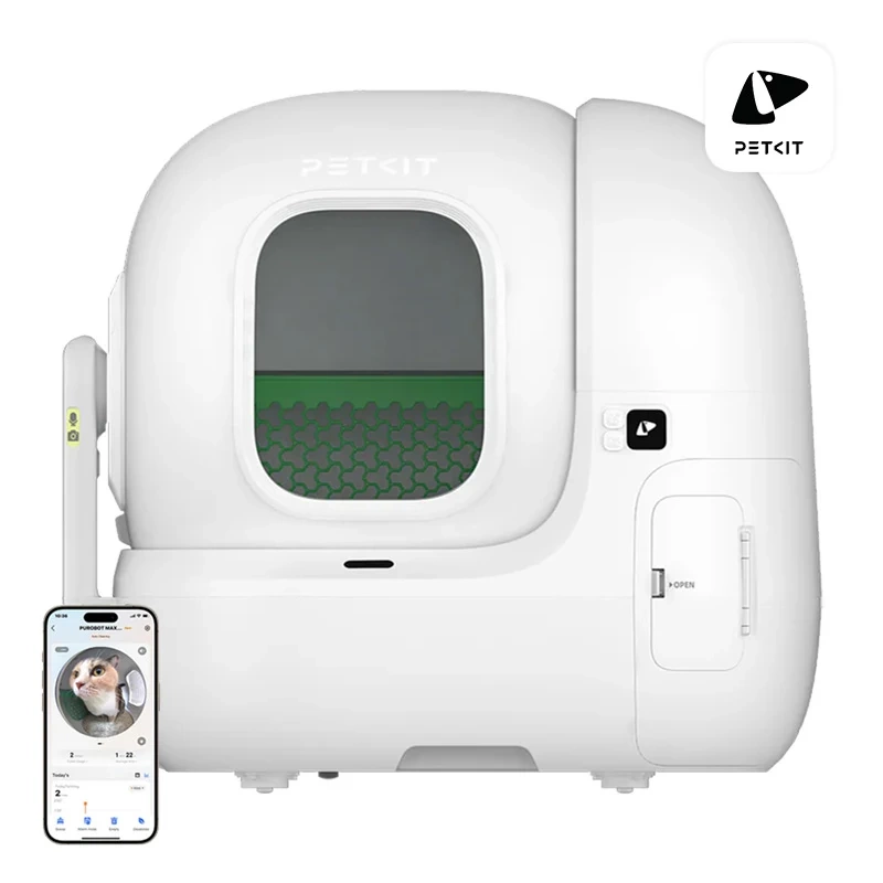 Fehér PETKIT automata macskaalom a csatlakoztatott okostelefonnal, amely egy macskát mutat. Logó és vezérlők.