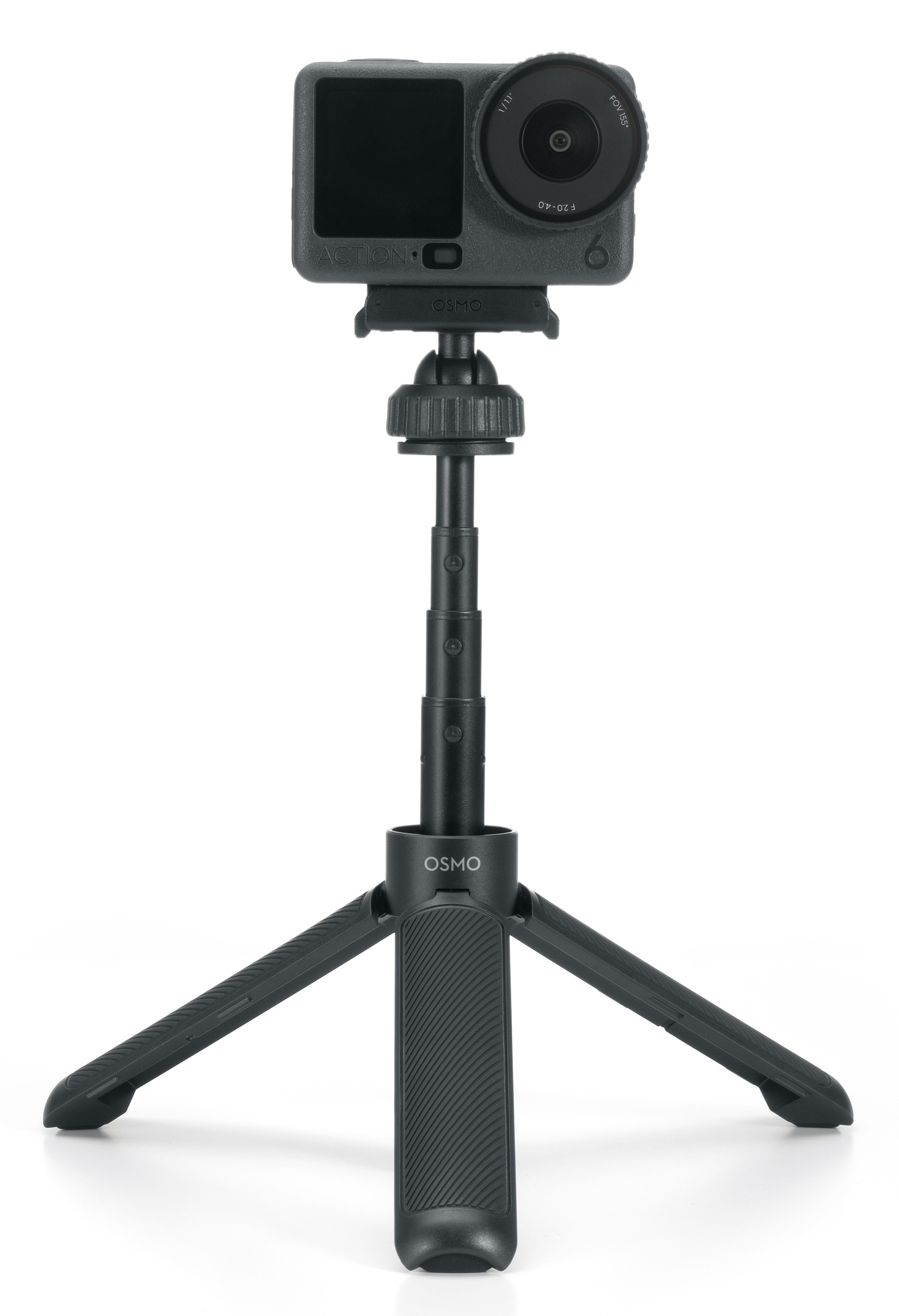 Czarna kamera sportowa na statywie. Kamera ma obiektyw i ekran. Statyw ma trzy nogi i jest oznaczony OSMO.