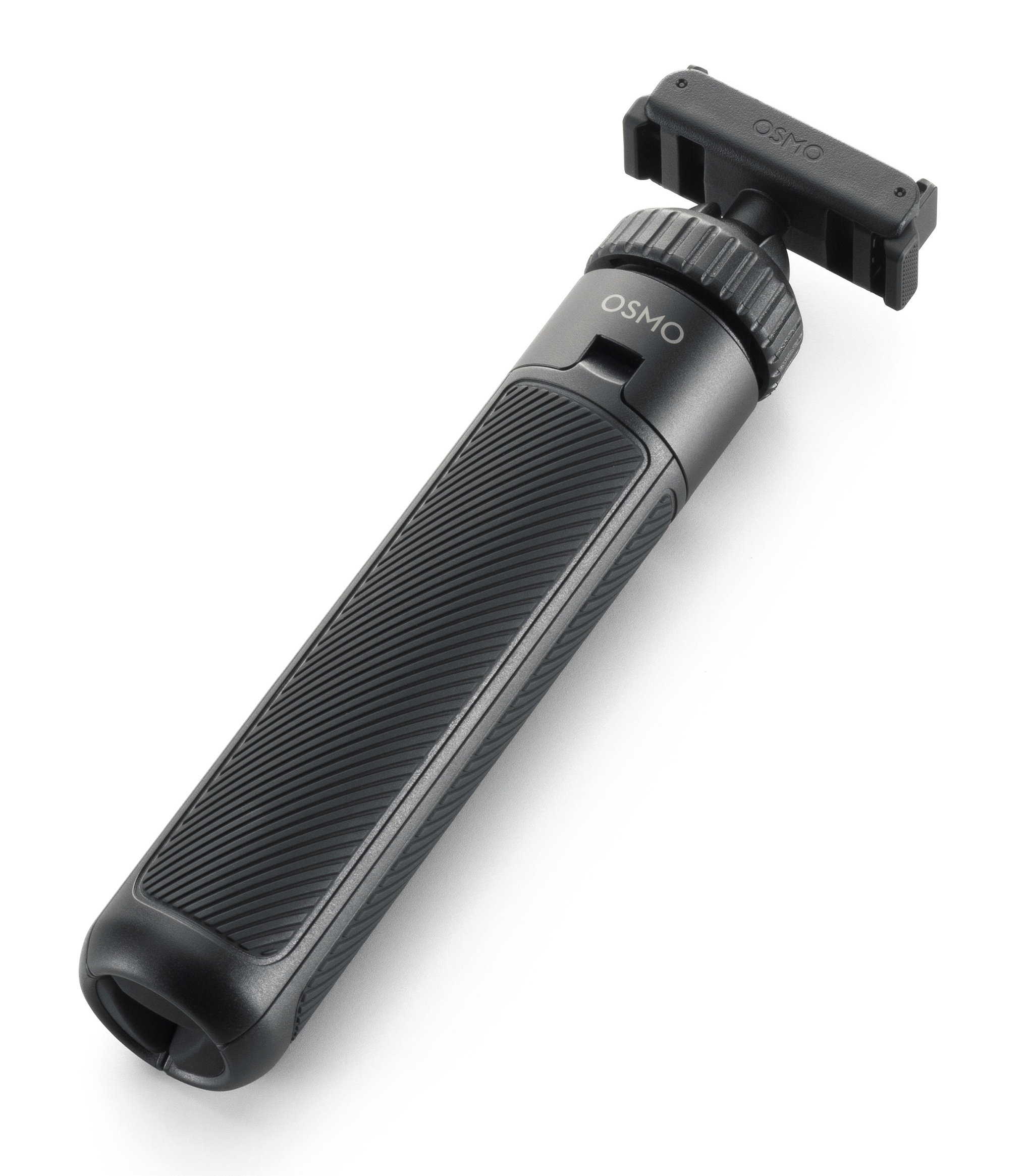 Czarny mobilny Osmo. Uchwyt ma linie chwytu. Na górze znajduje się mocowanie. Białe tło.