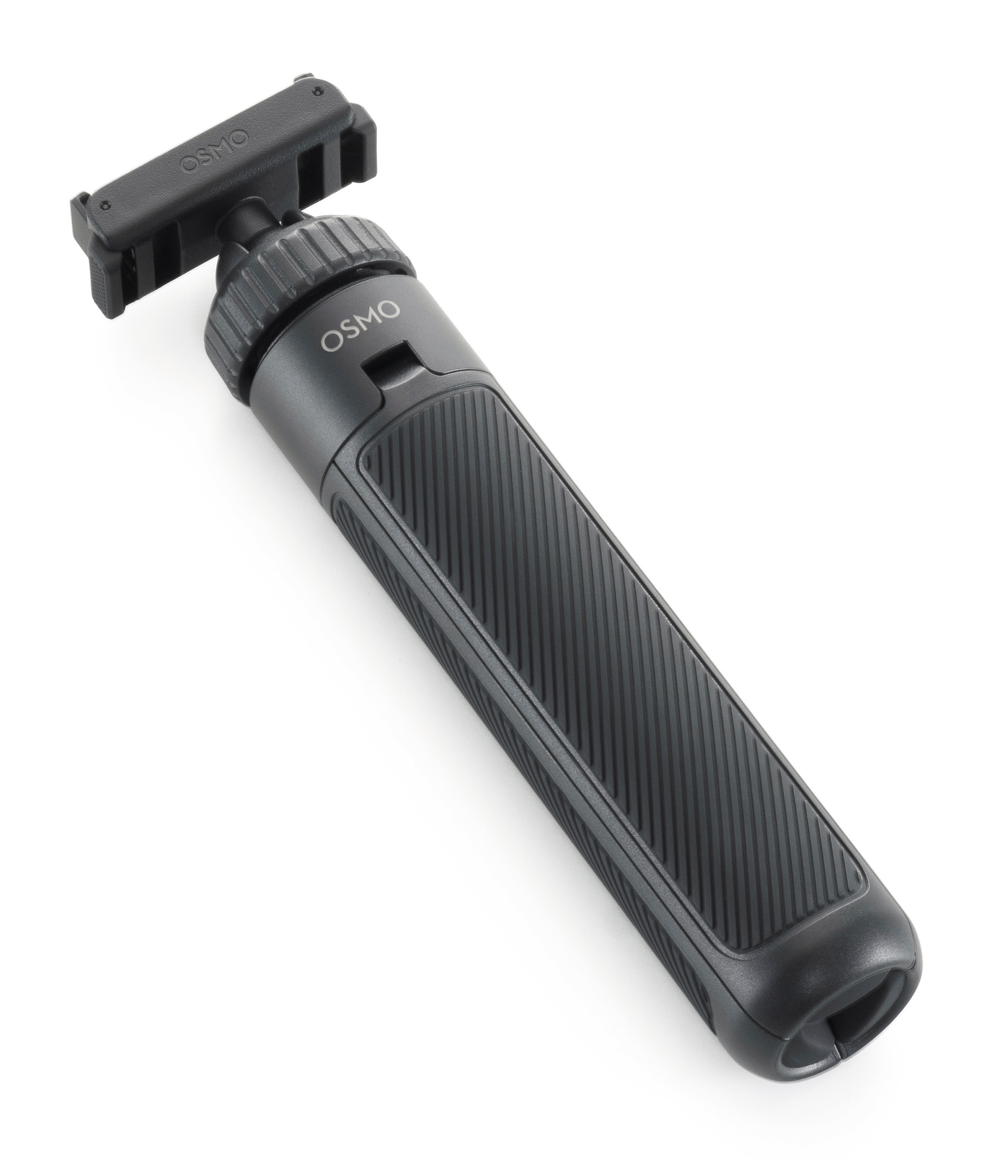 Czarny statyw Osmo, z teksturowanym uchwytem, na białym tle. Jest skierowany w górę.