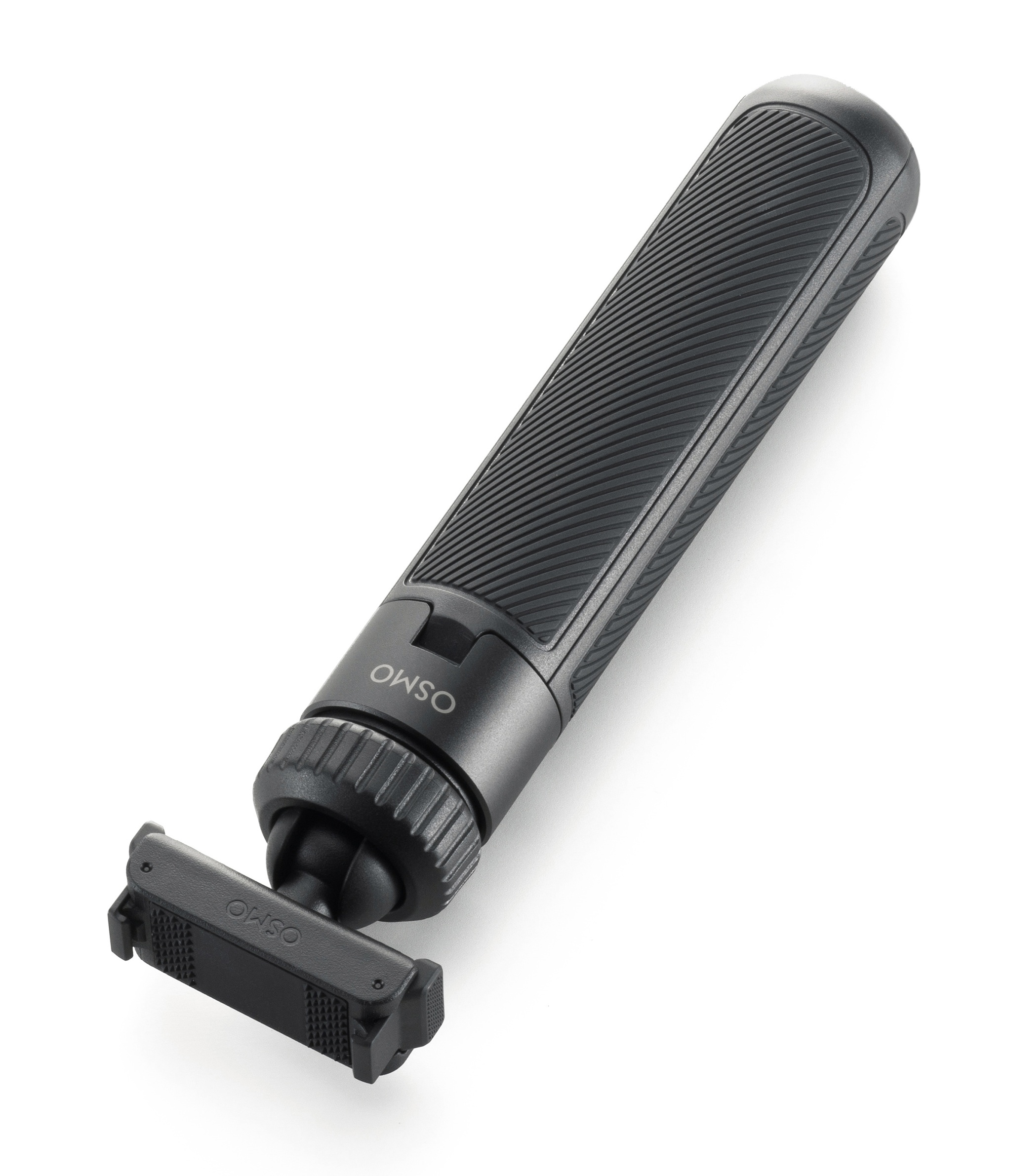Czarny uchwyt do urządzeń mobilnych Osmo na białym tle. Ma żebrowany uchwyt i zacisk.